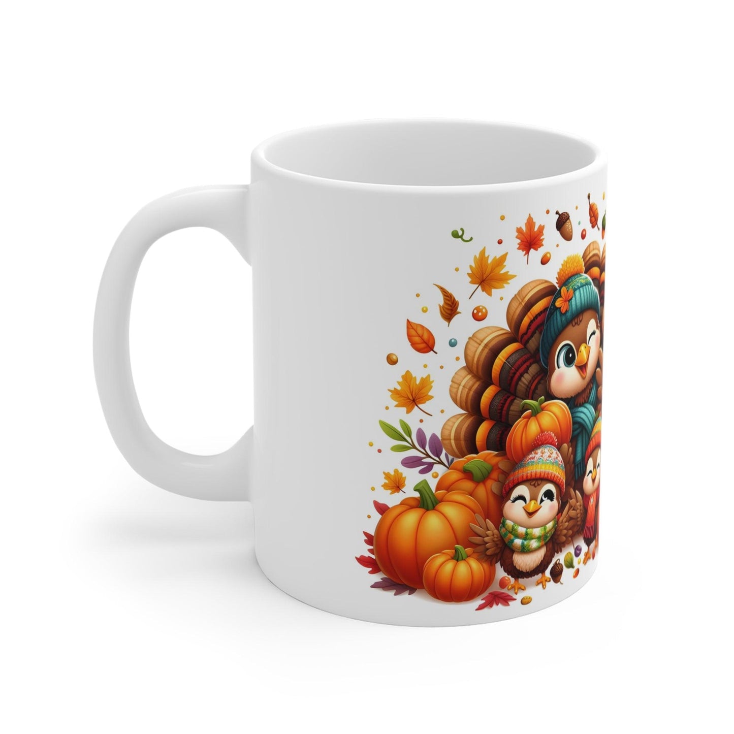 Adorable Thanksgiving Turkey Mug – Cute Cartoon Style Turkeys in Autumn Outfits – 11oz - Dark Blue