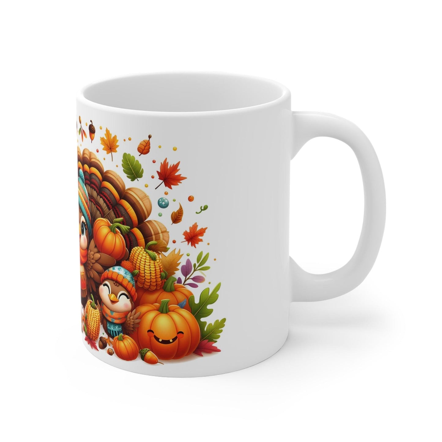 Adorable Thanksgiving Turkey Mug – Cute Cartoon Style Turkeys in Autumn Outfits – 11oz - Dark Blue