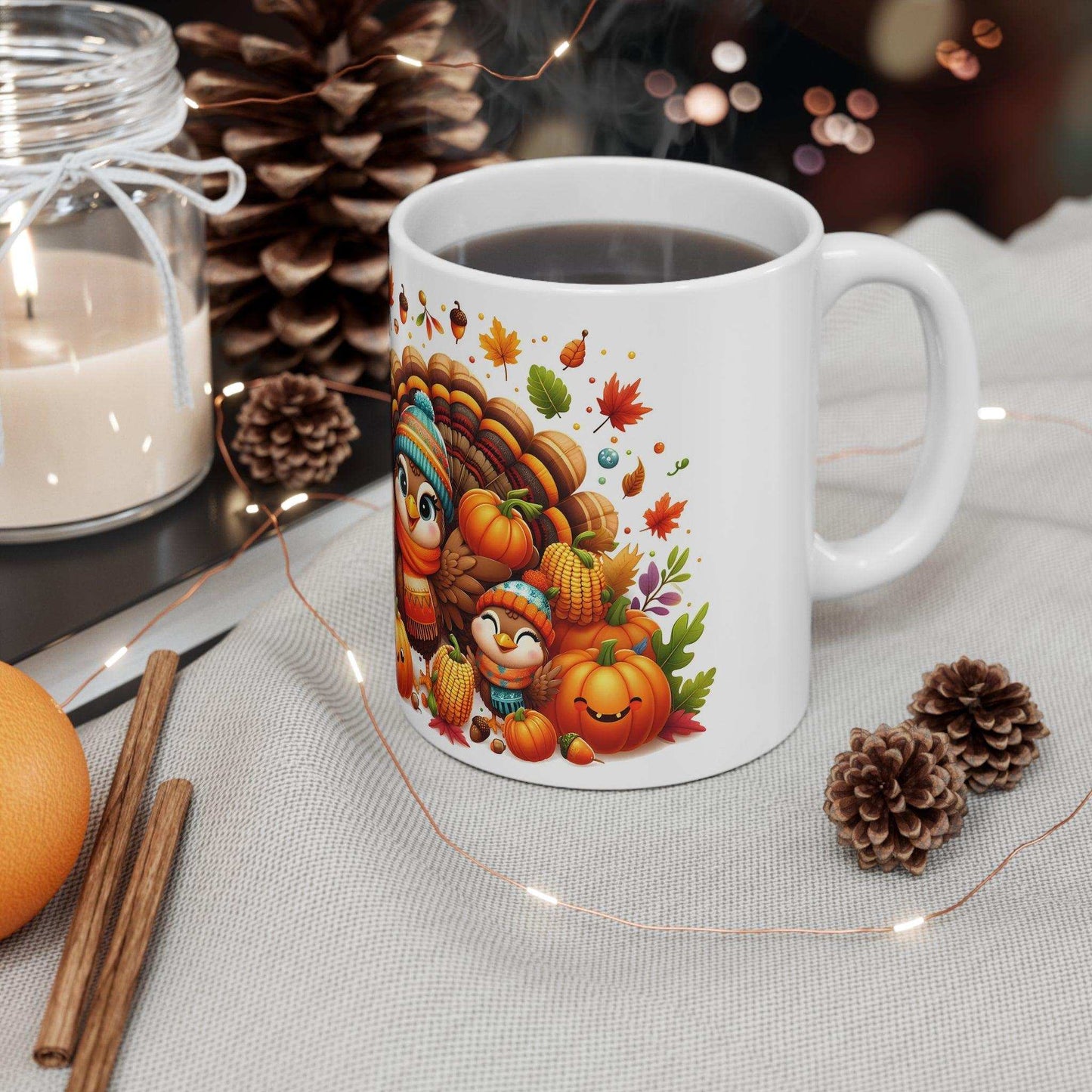 Adorable Thanksgiving Turkey Mug – Cute Cartoon Style Turkeys in Autumn Outfits – 11oz - Dark Blue