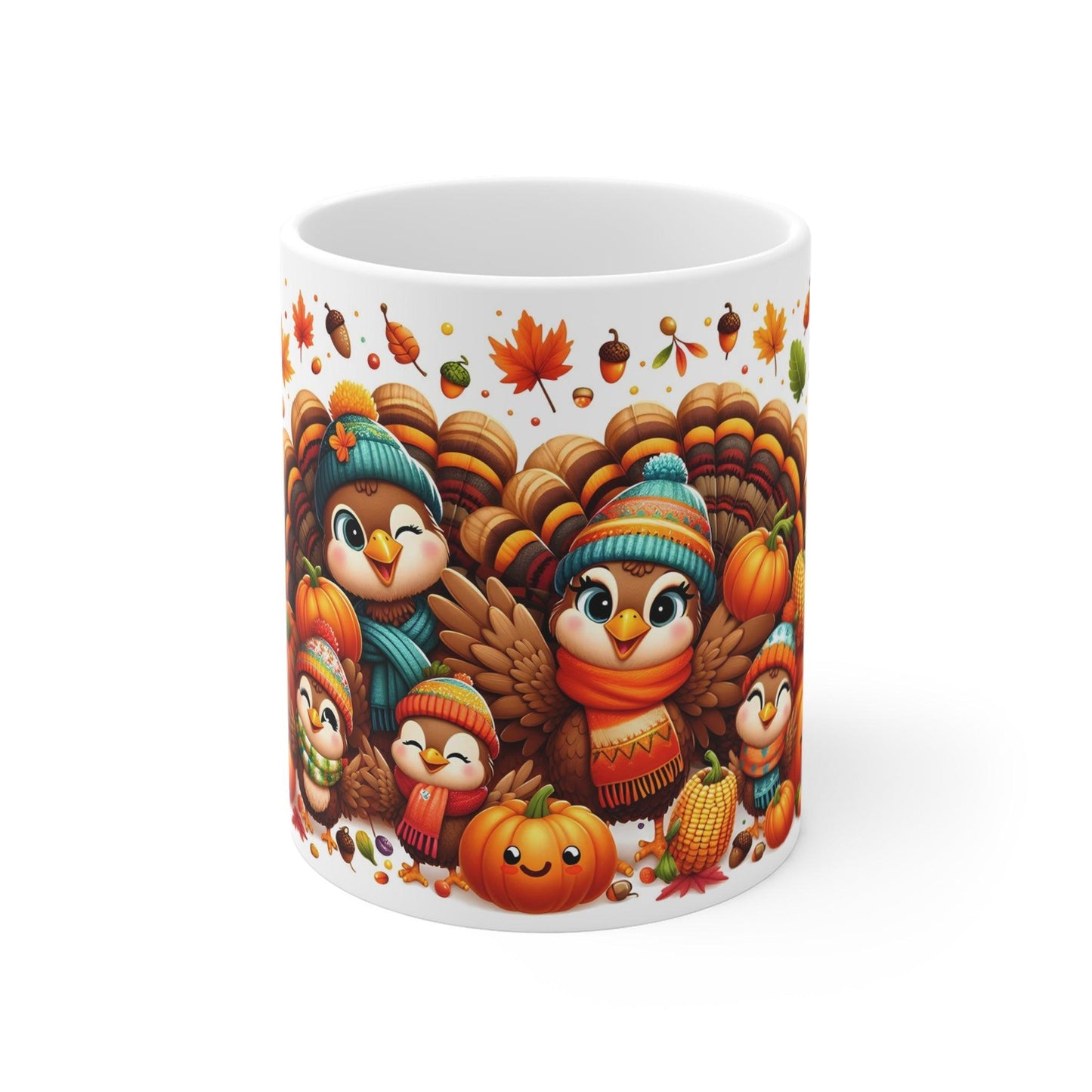Adorable Thanksgiving Turkey Mug – Cute Cartoon Style Turkeys in Autumn Outfits – 11oz - Dark Blue