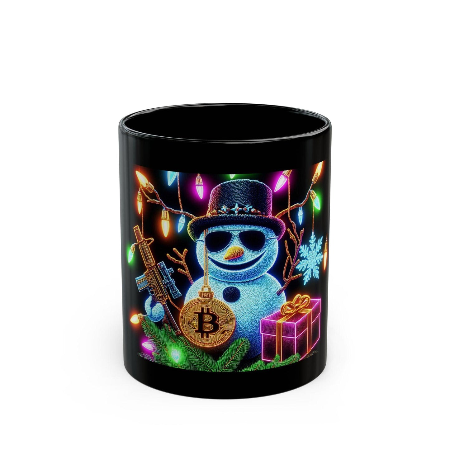 Cool Bitcoin Christmas Mug | Festive Snowman with Crypto Style, 11oz - Dark Blue