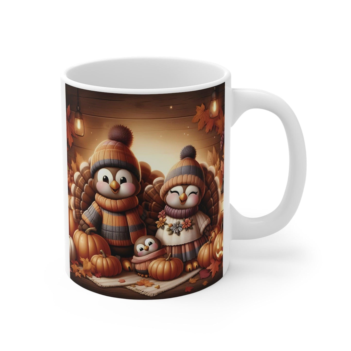 Cozy Thanksgiving Family Mug – Adorable Cartoon Turkeys with Pumpkins and Fall Leaves – 11oz - Dark Blue