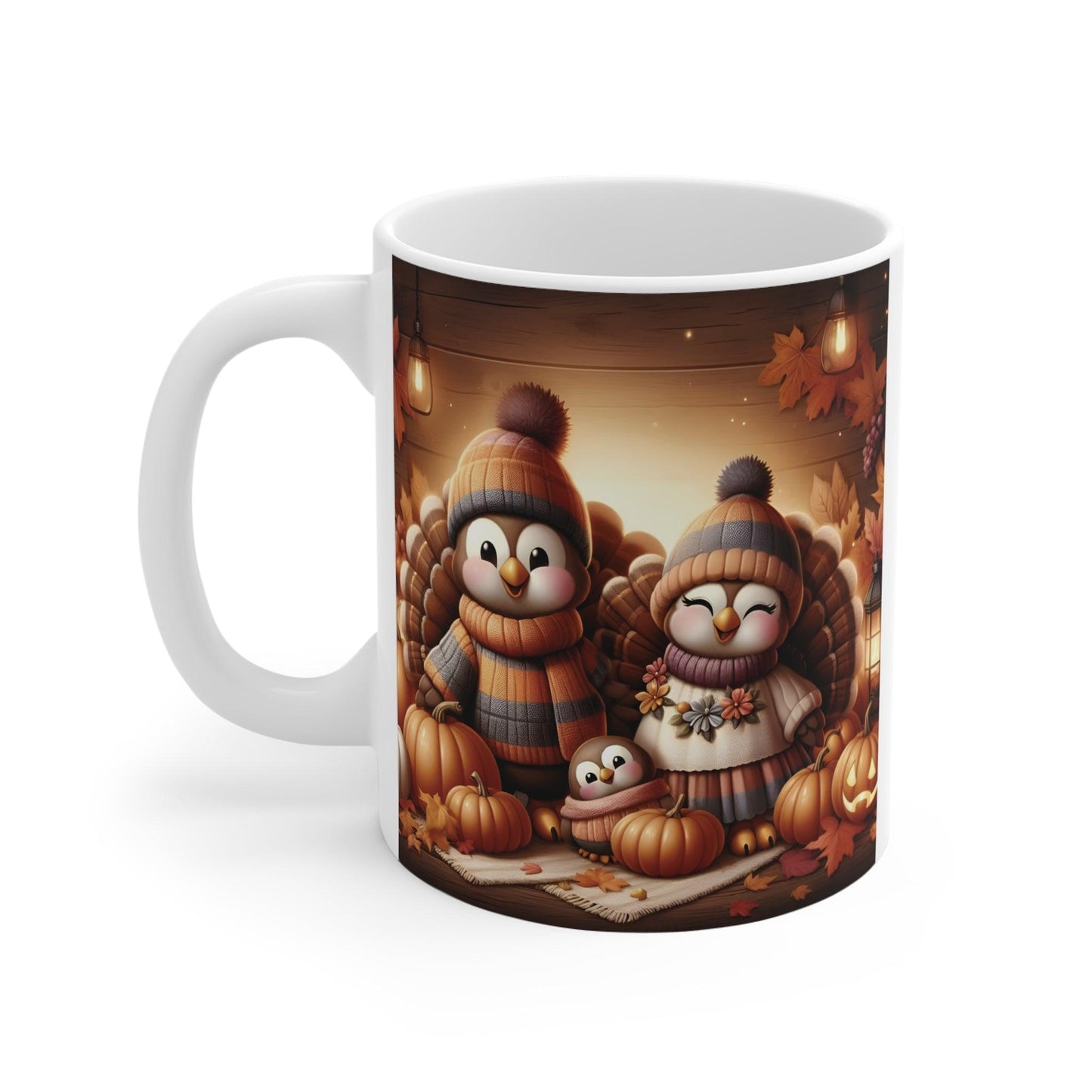 Cozy Thanksgiving Family Mug – Adorable Cartoon Turkeys with Pumpkins and Fall Leaves – 11oz - Dark Blue
