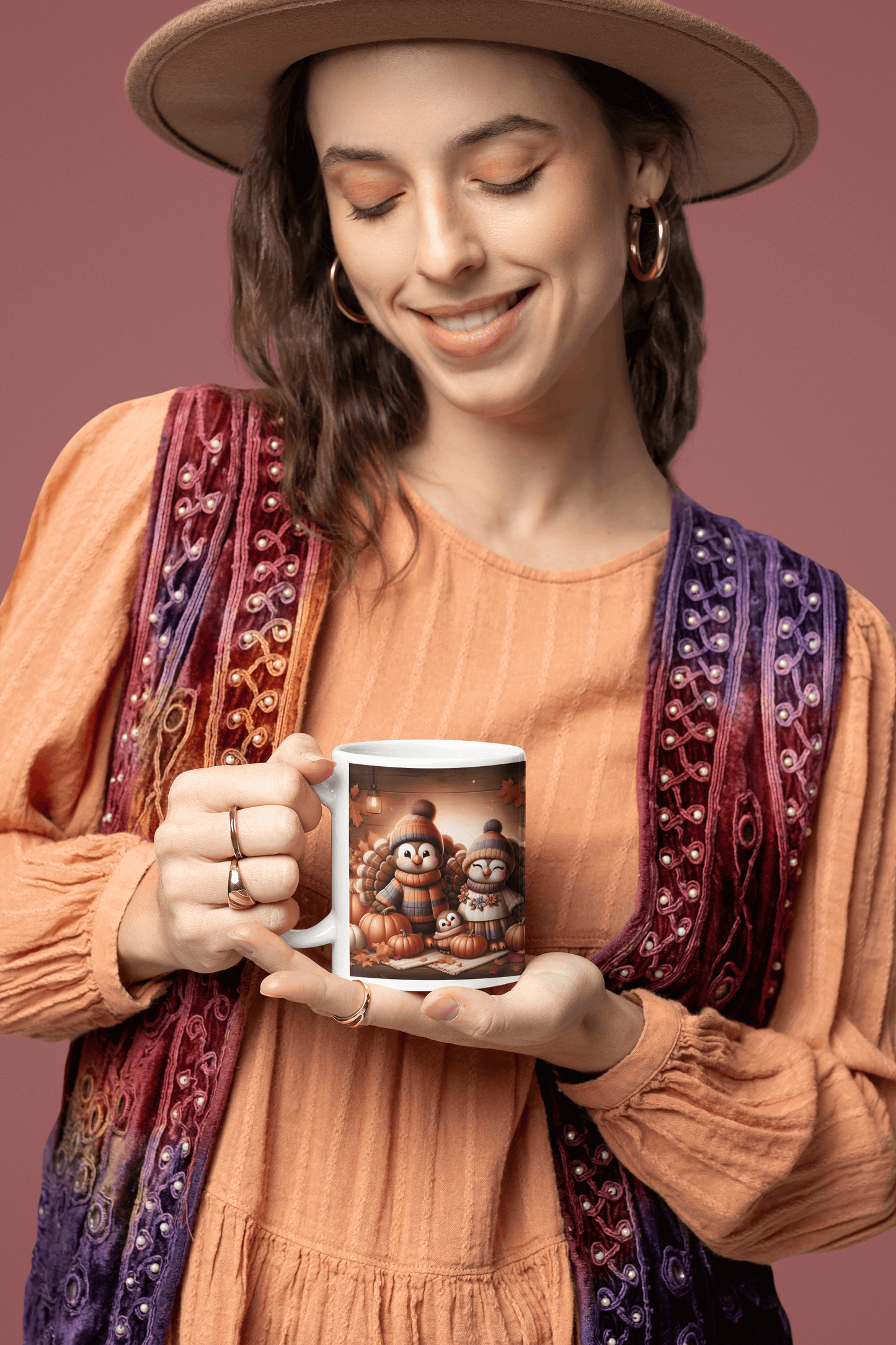 Cozy Thanksgiving Family Mug – Adorable Cartoon Turkeys with Pumpkins and Fall Leaves – 11oz - Dark Blue