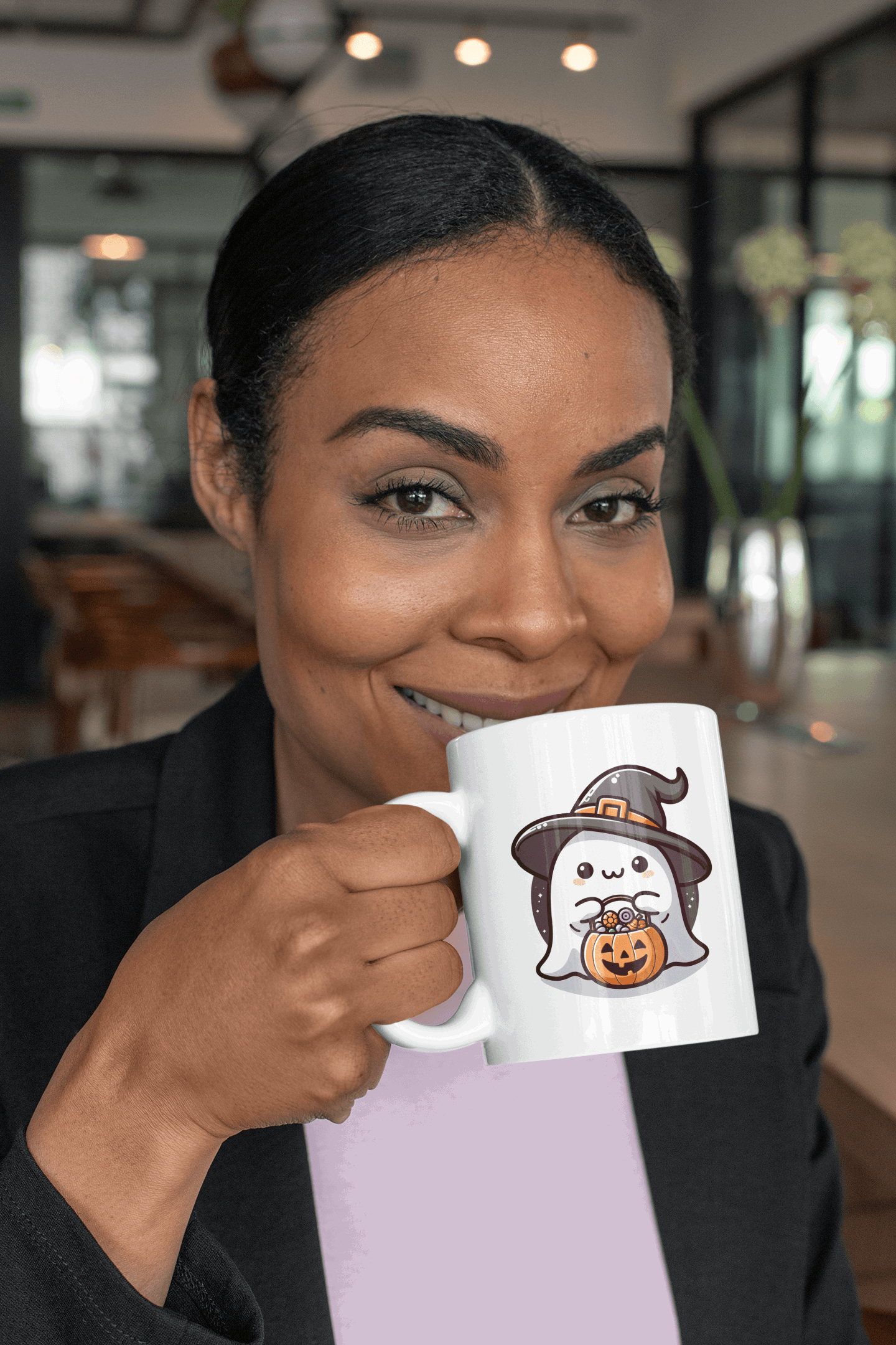 Adorable Ghost Halloween Ceramic Mug – Cute Witch Hat Design – 11oz - Dark Blue