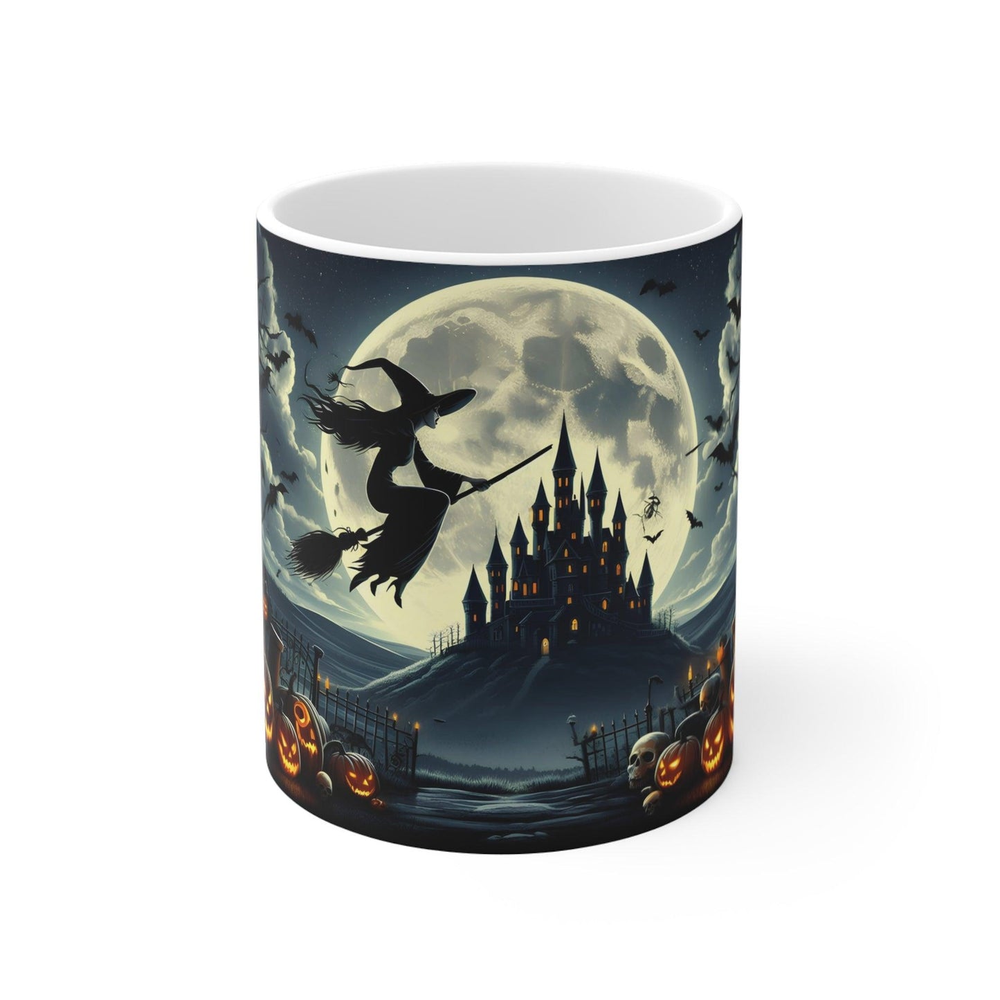 Halloween Mug | Witch Flying Over Haunted Castle - Spooky Full Moon Design – 11oz - Dark Blue