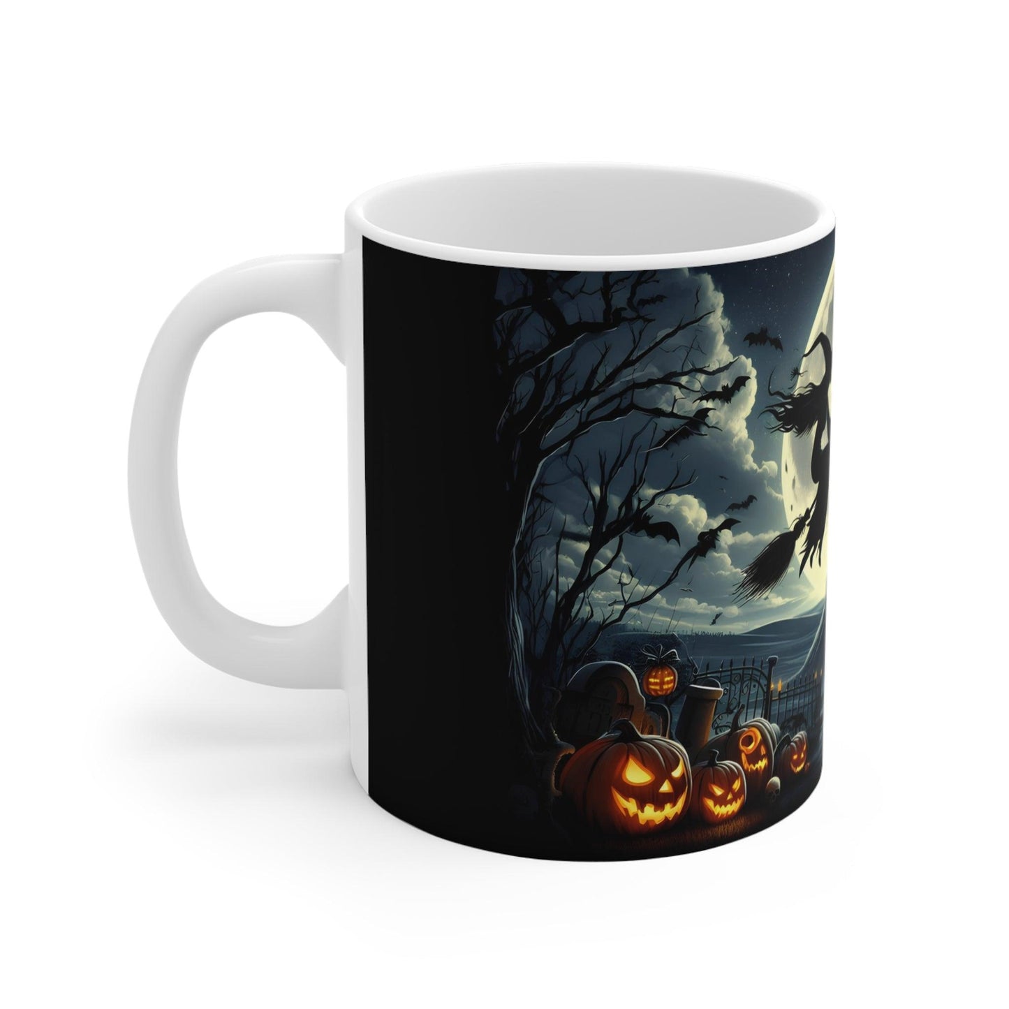 Halloween Mug | Witch Flying Over Haunted Castle - Spooky Full Moon Design – 11oz - Dark Blue