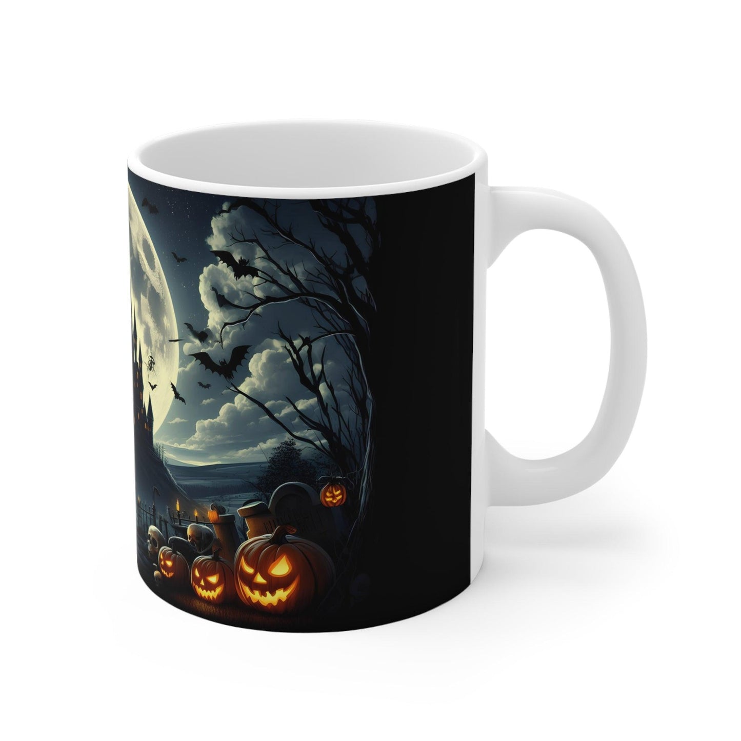 Halloween Mug | Witch Flying Over Haunted Castle - Spooky Full Moon Design – 11oz - Dark Blue