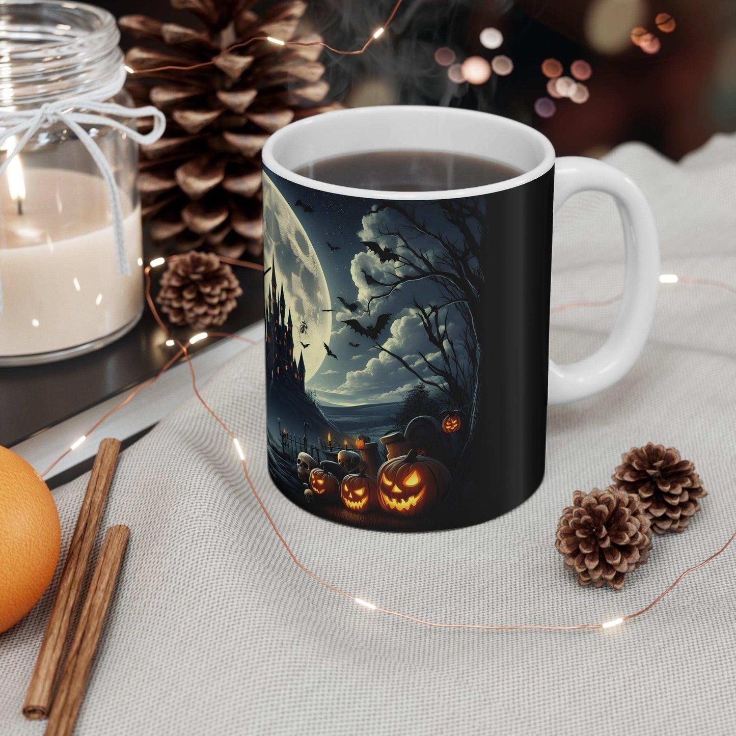 Halloween Mug | Witch Flying Over Haunted Castle - Spooky Full Moon Design – 11oz - Dark Blue