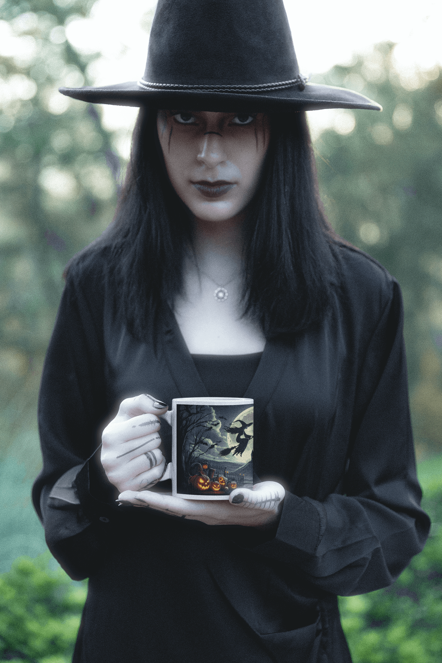 Halloween Mug | Witch Flying Over Haunted Castle - Spooky Full Moon Design – 11oz - Dark Blue