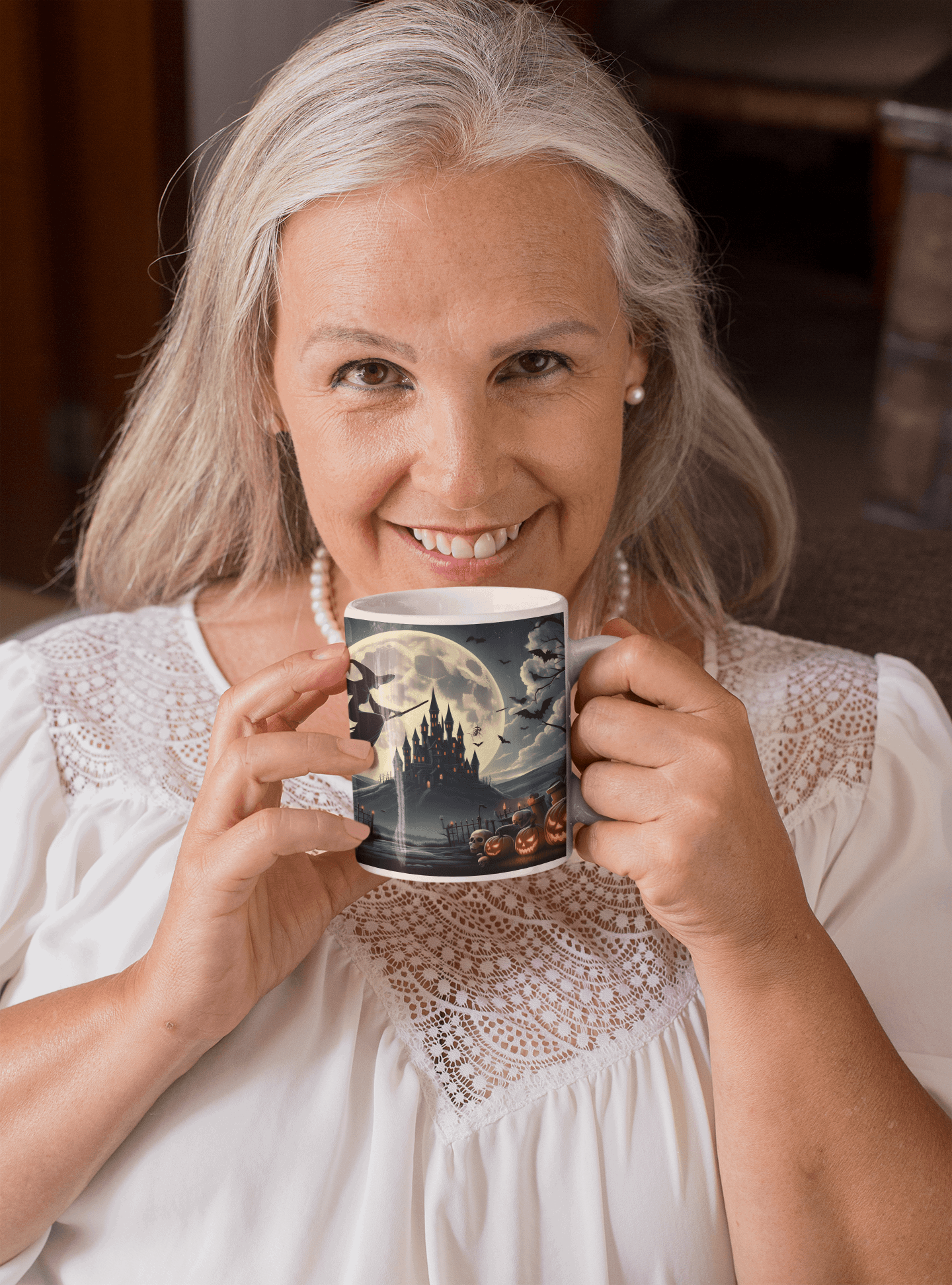 Halloween Mug | Witch Flying Over Haunted Castle - Spooky Full Moon Design – 11oz - Dark Blue