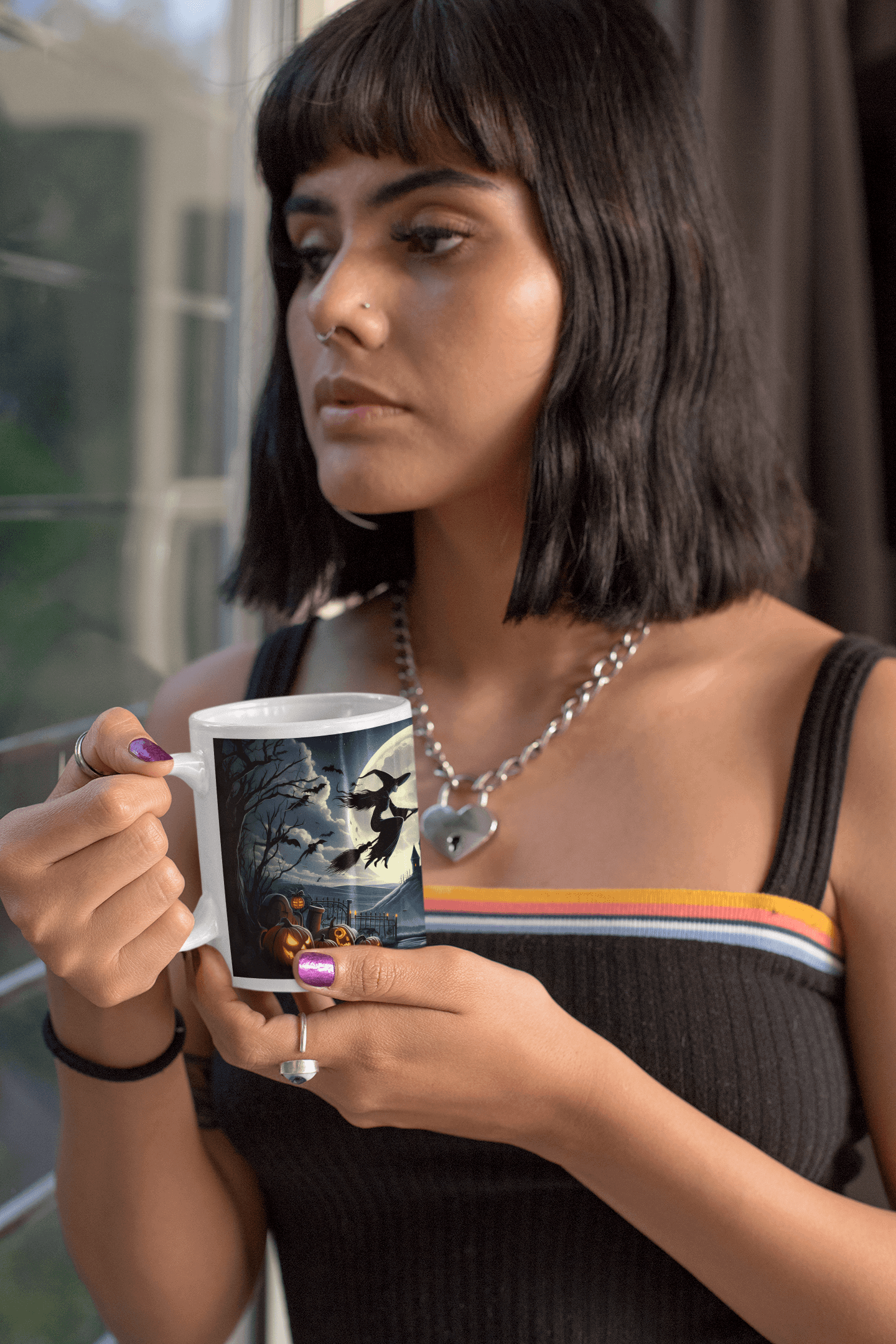 Halloween Mug | Witch Flying Over Haunted Castle - Spooky Full Moon Design – 11oz - Dark Blue