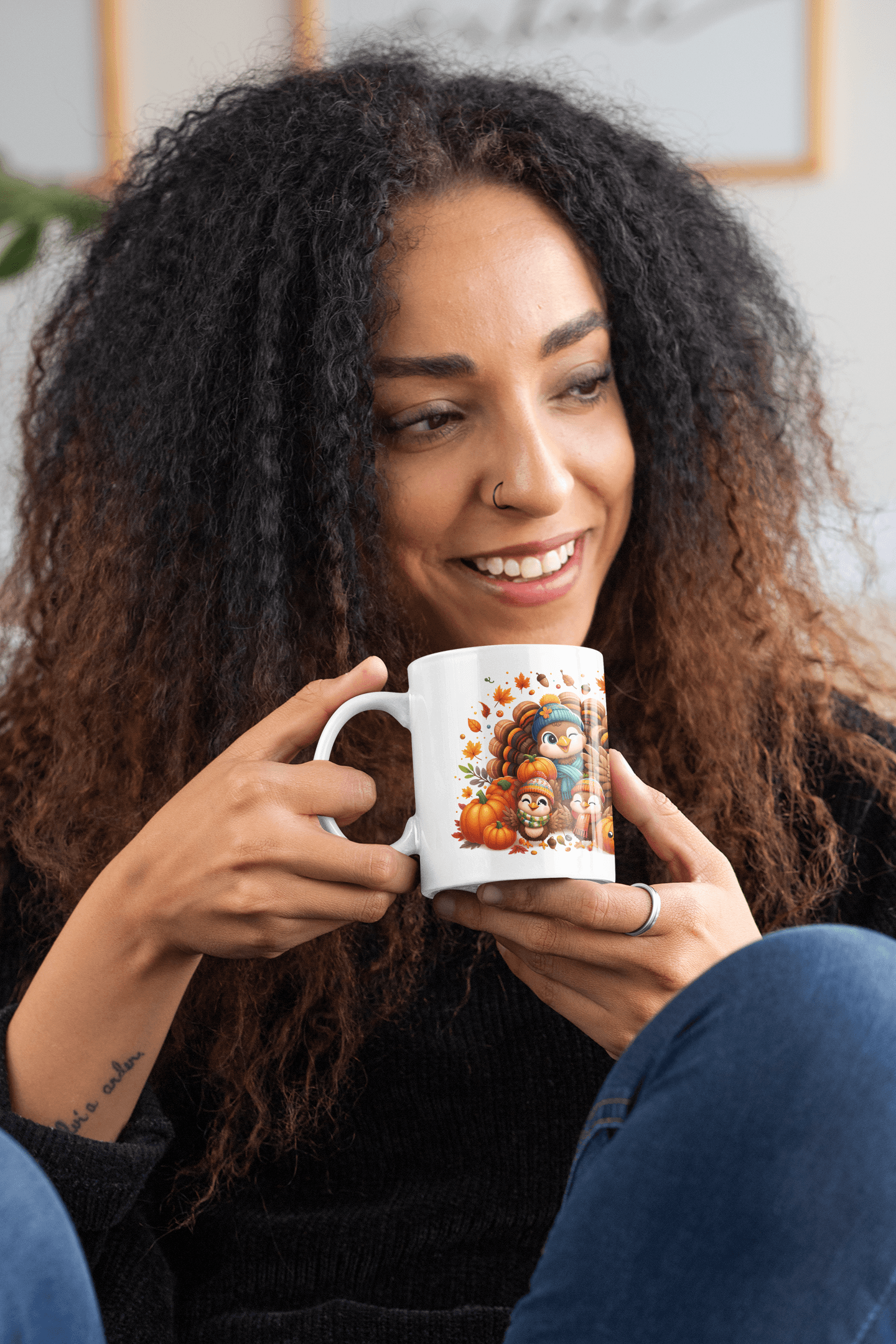Adorable Thanksgiving Turkey Mug – Cute Cartoon Style Turkeys in Autumn Outfits – 11oz - Dark Blue