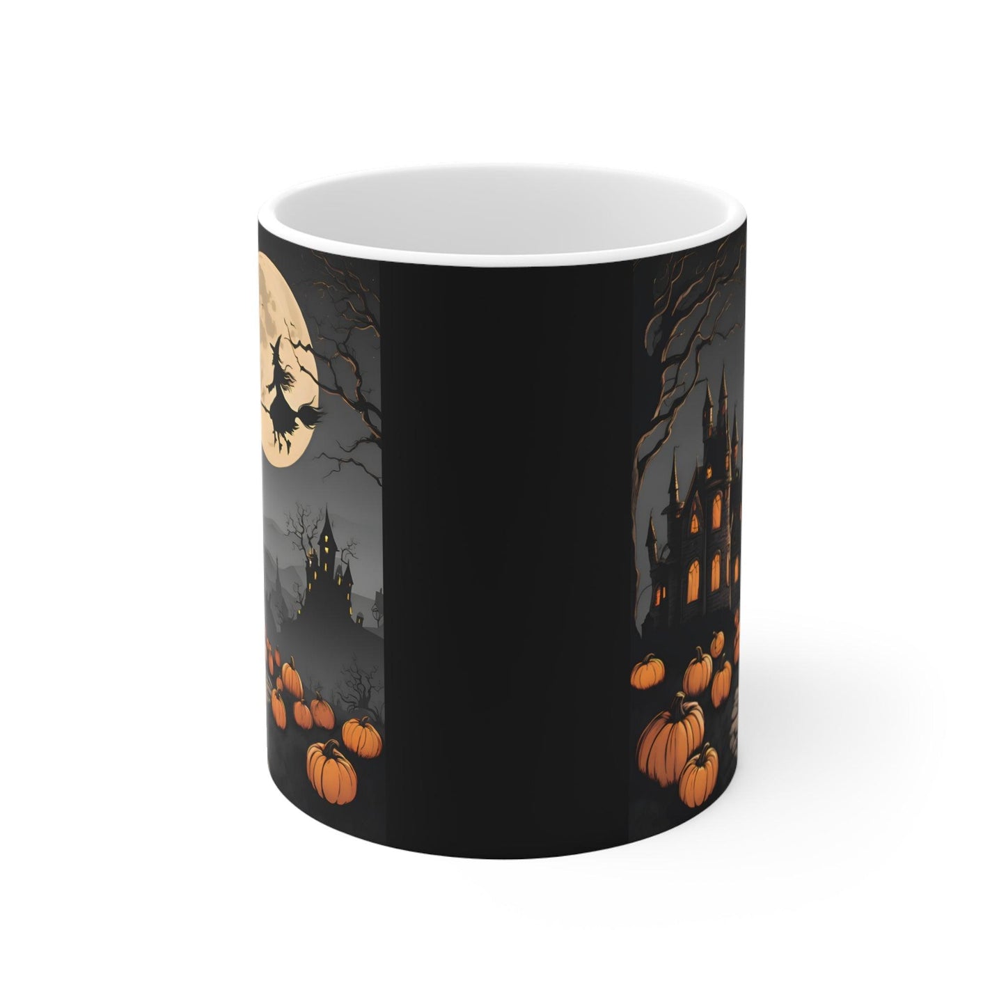 Spooky Halloween Mug – Witch Flying Over Haunted Castle with Full Moon & Pumpkins – 11oz - Dark Blue