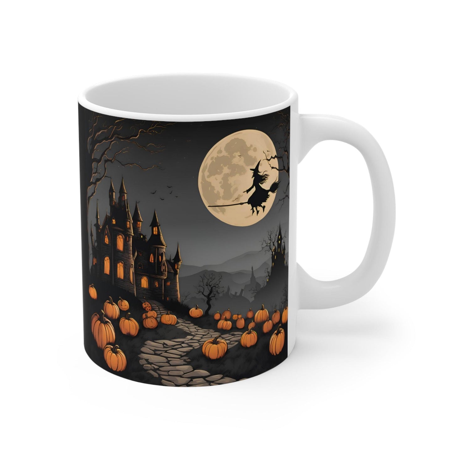 Spooky Halloween Mug – Witch Flying Over Haunted Castle with Full Moon & Pumpkins – 11oz - Dark Blue
