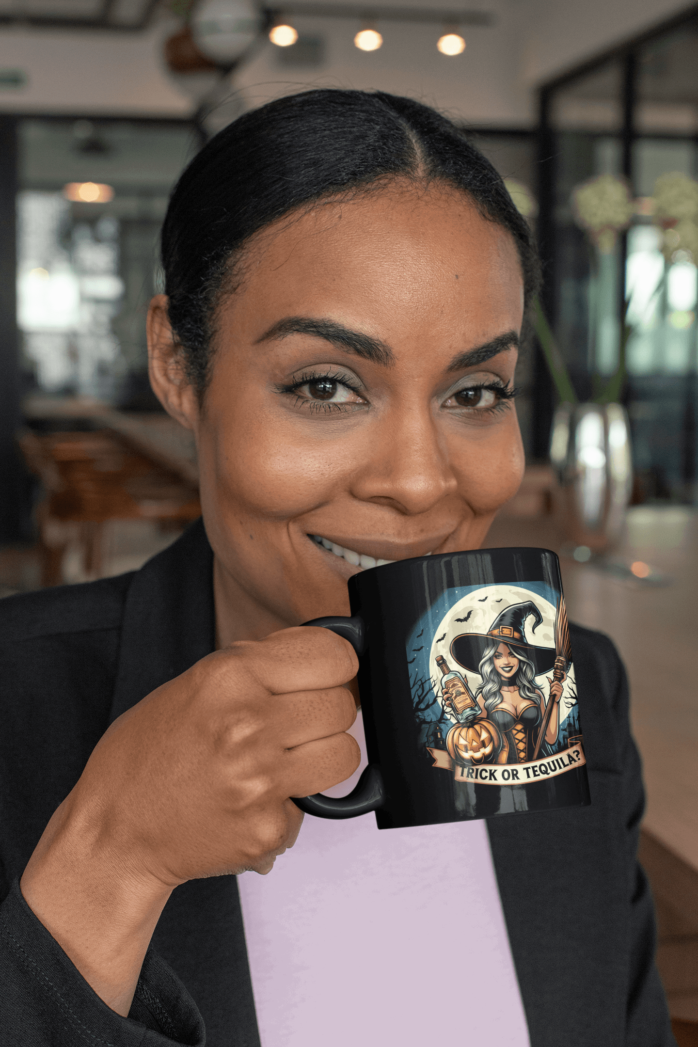 Trick or Tequila? Witch-Themed Halloween Ceramic Mug – 11oz - Dark Blue