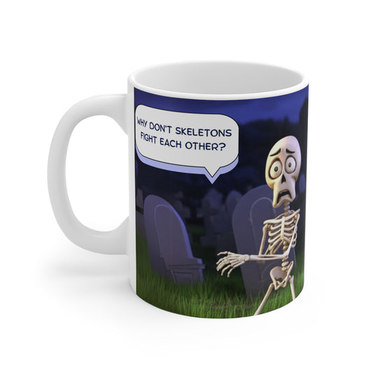 Funny Skeleton Mug, Humorous Coffee Cup, Halloween Gift, Quirky Skeleton Design, Halloween Decor, Skull-Themed Drinkware, 11 0z