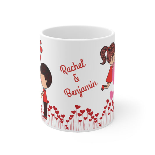 Romantic Valentine's Day Mug – Cute Love Couple Kissing, Hearts & Love Illustration – Rachel&Benjamin – 11oz