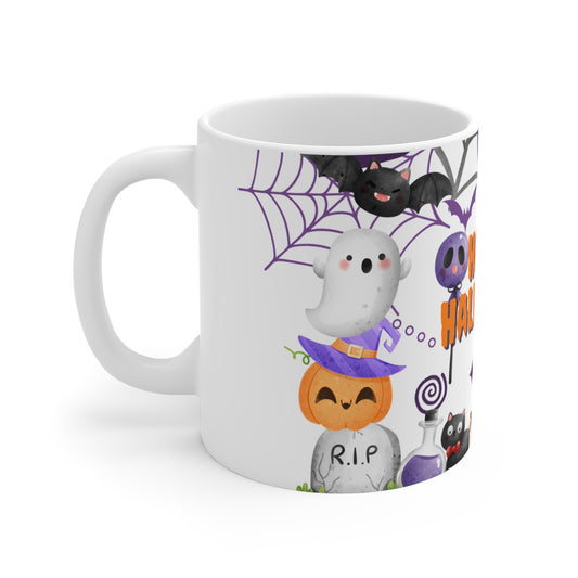 Halloween-Mug-11oz-Spooky-Pumpkin-Ghost-Spider-Bat-Witch-Hat-Black-Cat-Potion-White-