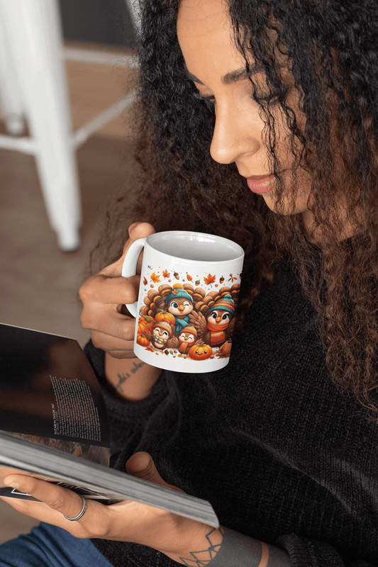 Adorable Thanksgiving Turkey Mug – Cute Cartoon Style Turkeys in Autumn Outfits – 11oz - Dark Blue