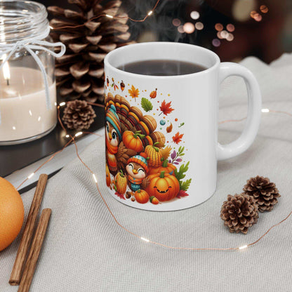 Adorable Thanksgiving Turkey Mug – Cute Cartoon Style Turkeys in Autumn Outfits – 11oz - Dark Blue