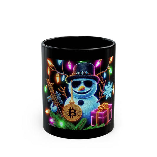 Cool Bitcoin Christmas Mug | Festive Snowman with Crypto Style, 11oz - Dark Blue