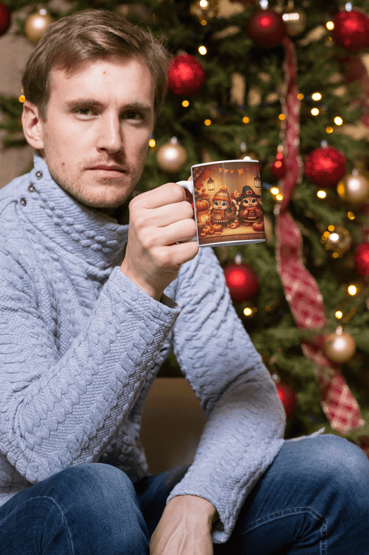 Festive Thanksgiving Mug – Cute Pilgrim Turkeys with Pumpkins and Autumn Decor – 11oz - Dark Blue