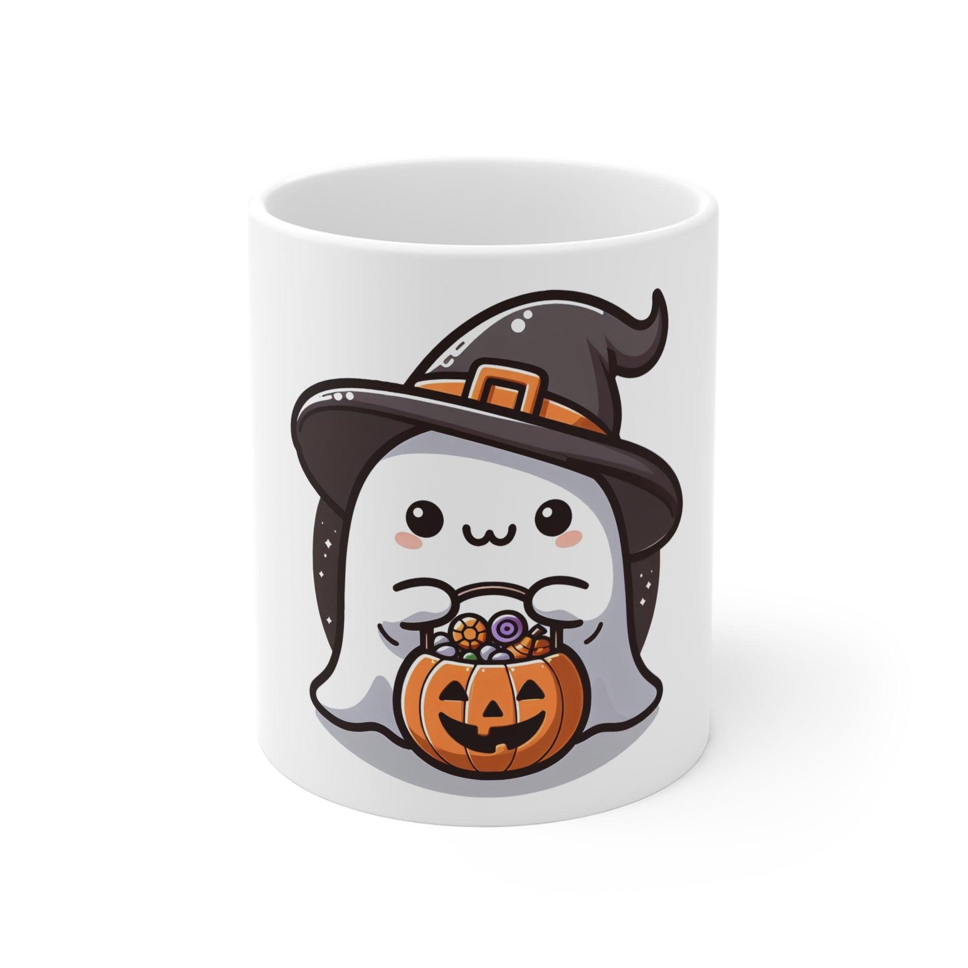 Adorable Ghost Halloween Ceramic Mug – Cute Witch Hat Design – 11oz - Dark Blue