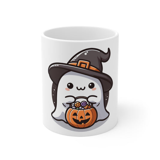Adorable Ghost Halloween Ceramic Mug – Cute Witch Hat Design – 11oz - Dark Blue
