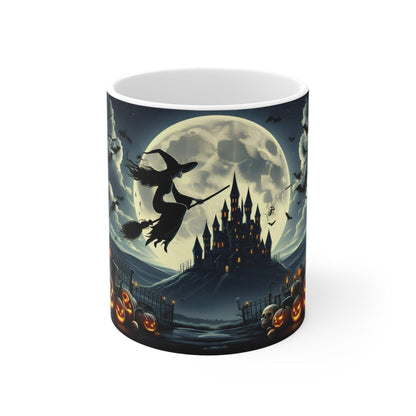 Halloween Mug | Witch Flying Over Haunted Castle - Spooky Full Moon Design – 11oz - Dark Blue