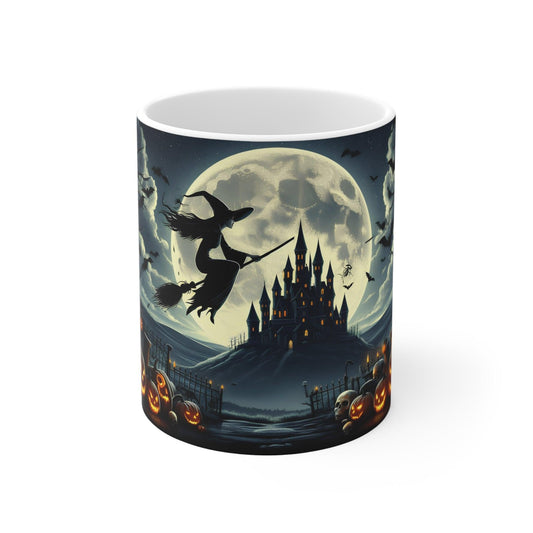 Halloween Mug | Witch Flying Over Haunted Castle - Spooky Full Moon Design – 11oz - Dark Blue