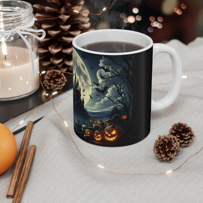 Halloween Mug | Witch Flying Over Haunted Castle - Spooky Full Moon Design – 11oz - Dark Blue