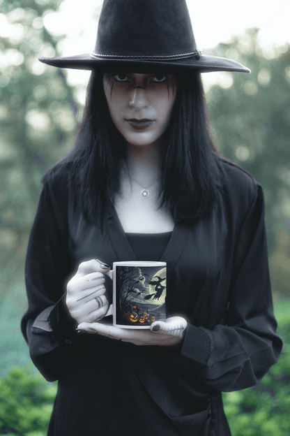 Halloween Mug | Witch Flying Over Haunted Castle - Spooky Full Moon Design – 11oz - Dark Blue