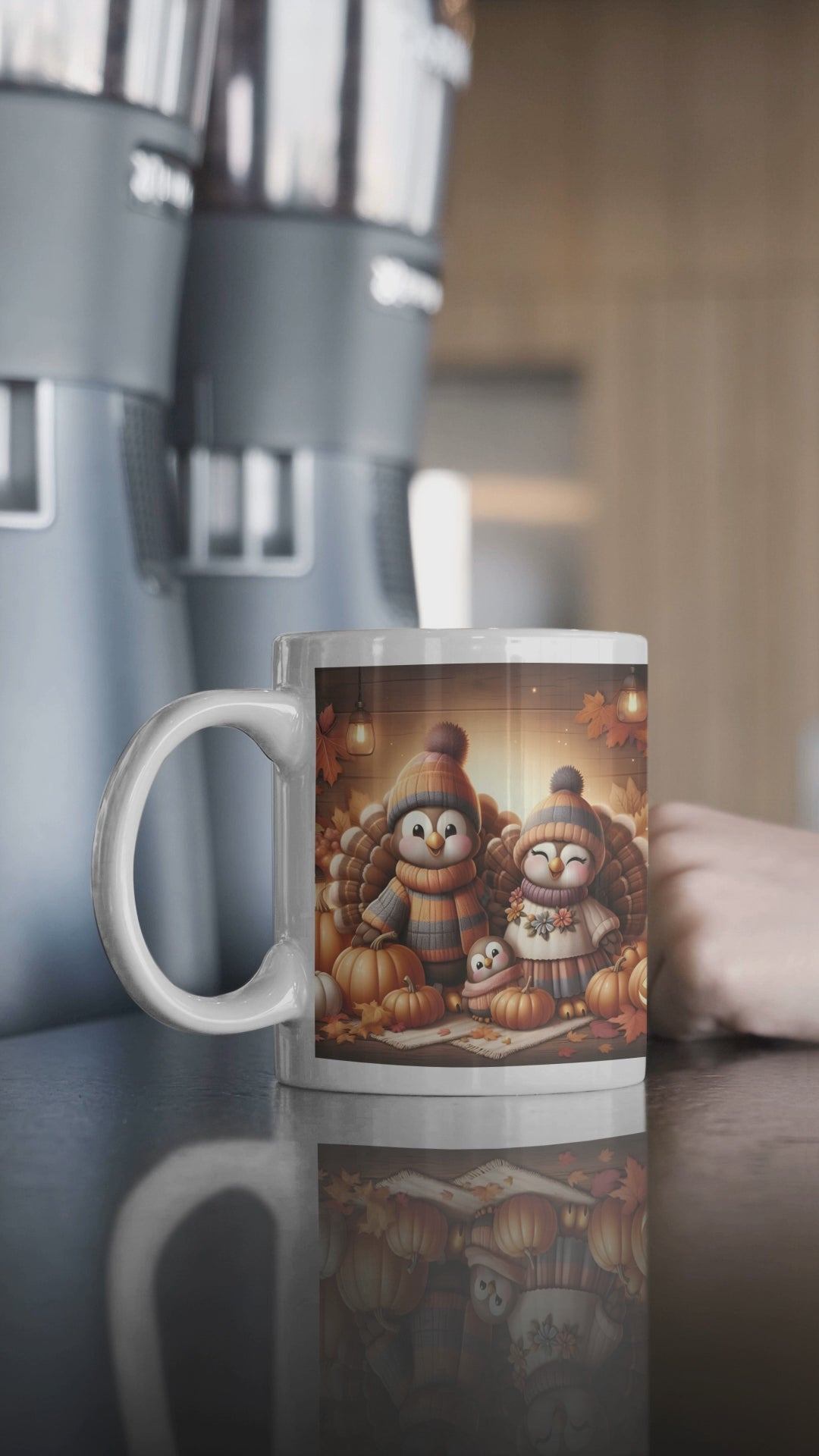 cozy-thanksgiving-family-mug-adorable-cartoon-turkeys-with-pumpkins-and-fall-leaves-11oz-white-mug-woman-holding-coffee-tea