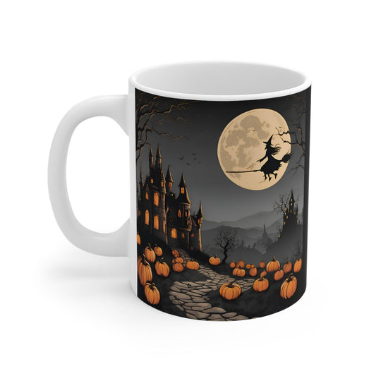 Spooky Halloween Mug – Witch Flying Over Haunted Castle with Full Moon & Pumpkins – 11oz - Dark Blue