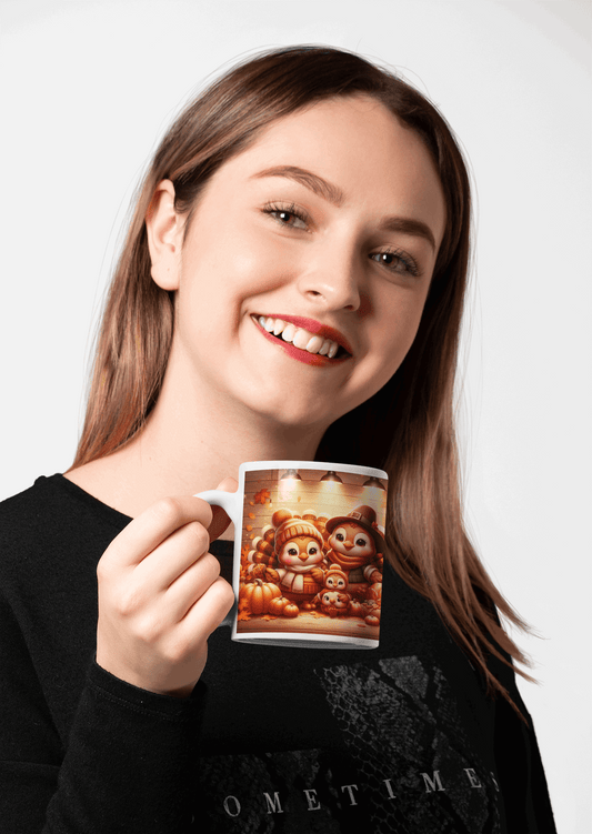 Thanksgiving Family Mug – Cute Turkey Family with Cozy Autumn Accents – 11oz - Dark Blue