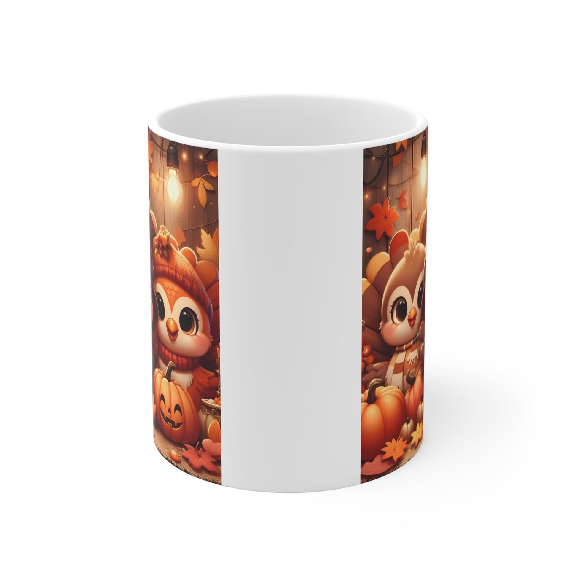 Thanksgiving Harvest Mug – Cute Turkey Trio with Pumpkins and Fall Leaves – 11oz - Dark Blue