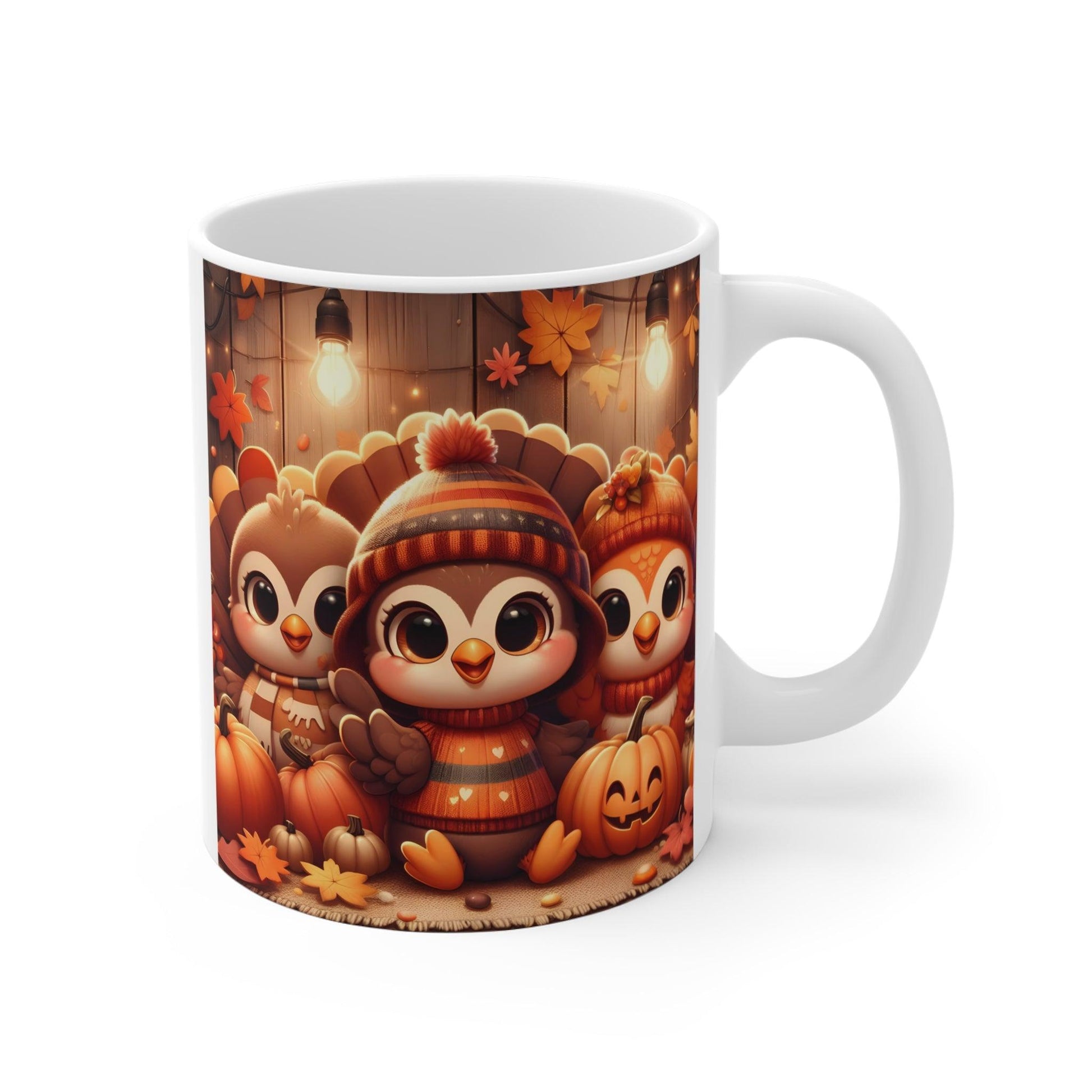 Thanksgiving Harvest Mug – Cute Turkey Trio with Pumpkins and Fall Leaves – 11oz - Dark Blue