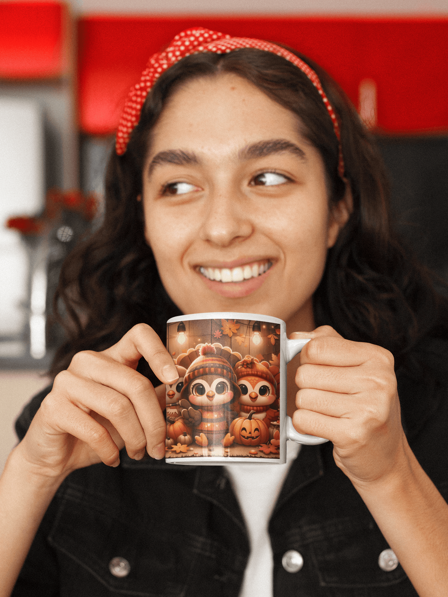 Thanksgiving Harvest Mug – Cute Turkey Trio with Pumpkins and Fall Leaves – 11oz - Dark Blue