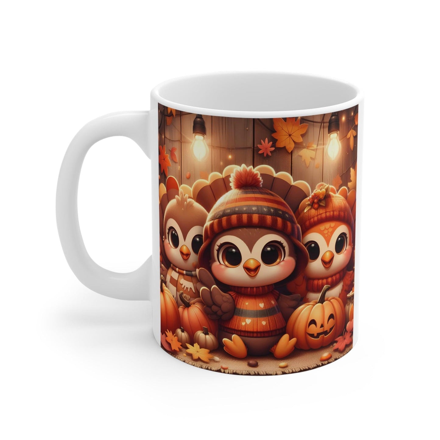 Thanksgiving Harvest Mug – Cute Turkey Trio with Pumpkins and Fall Leaves – 11oz - Dark Blue