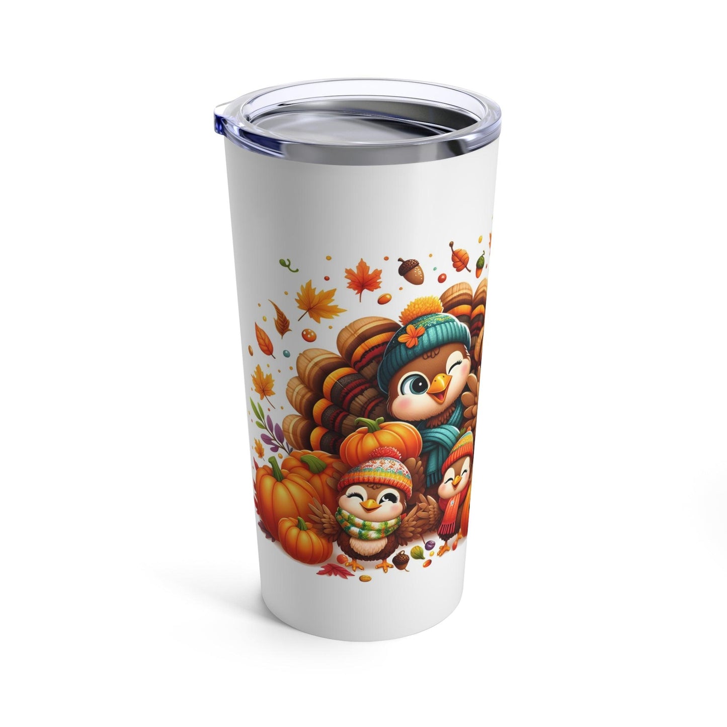 Thanksgiving Turkey Tumbler – Festive Fall Leaves and Pumpkins Design | 20oz Insulated Travel Mug - Dark Blue