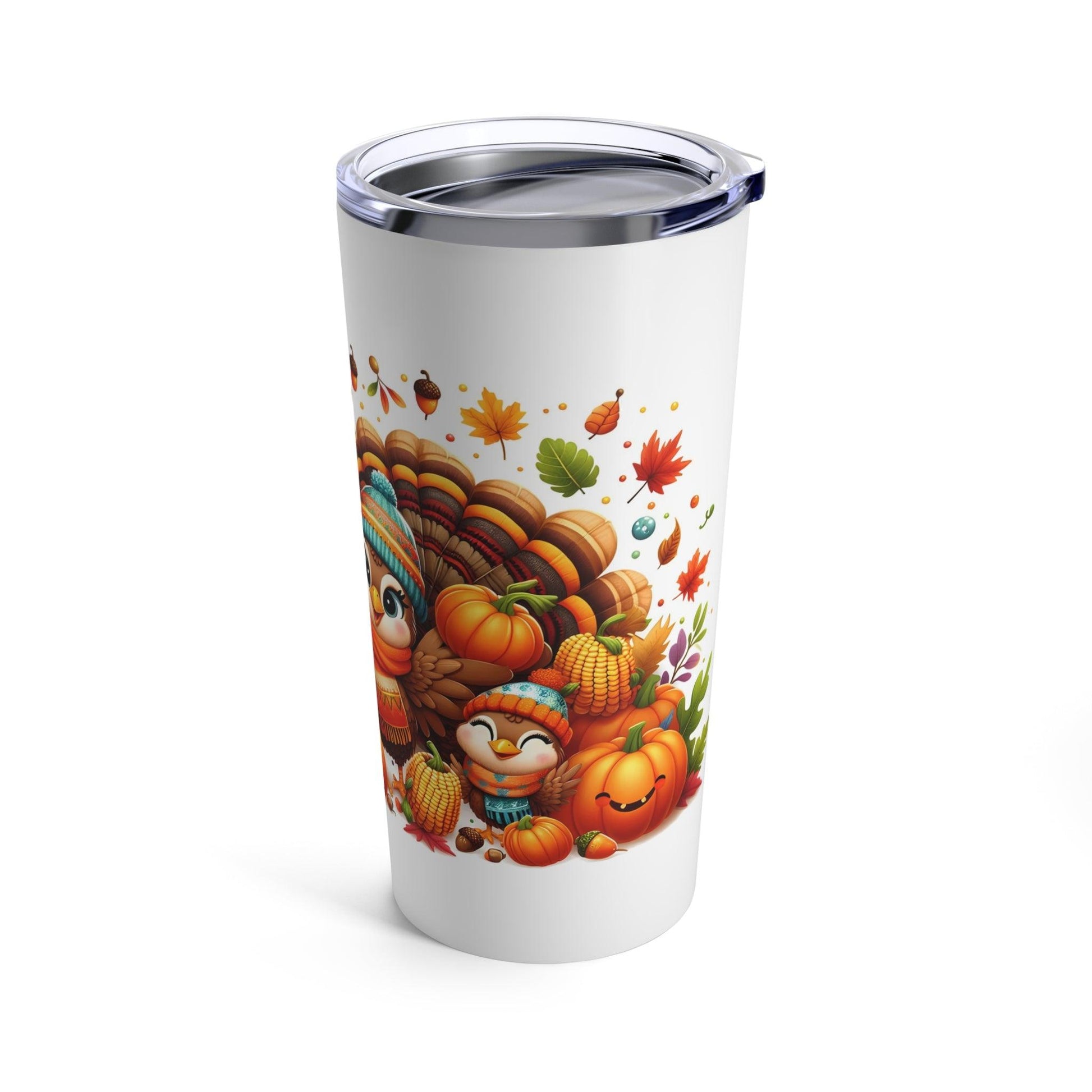 Thanksgiving Turkey Tumbler – Festive Fall Leaves and Pumpkins Design | 20oz Insulated Travel Mug - Dark Blue