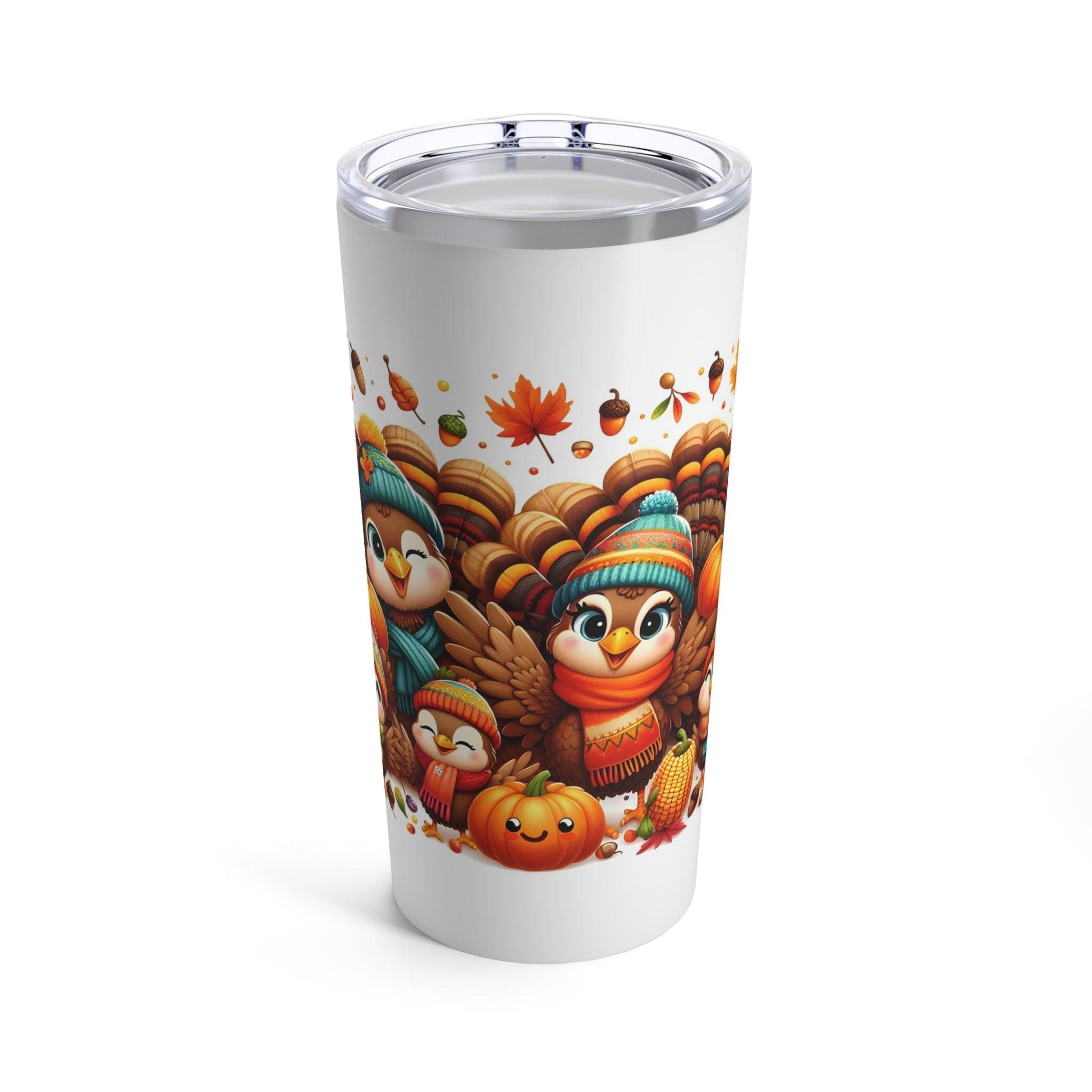 Thanksgiving Turkey Tumbler – Festive Fall Leaves and Pumpkins Design | 20oz Insulated Travel Mug - Dark Blue