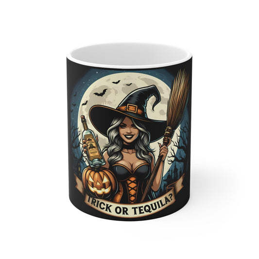 Trick or Tequila? Witch-Themed Halloween Ceramic Mug – 11oz - Dark Blue