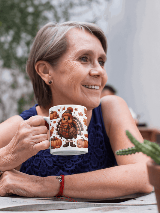 Whimsical Turkey Mug – Festive Fall and Thanksgiving Coffee Cup – 11oz - Dark Blue